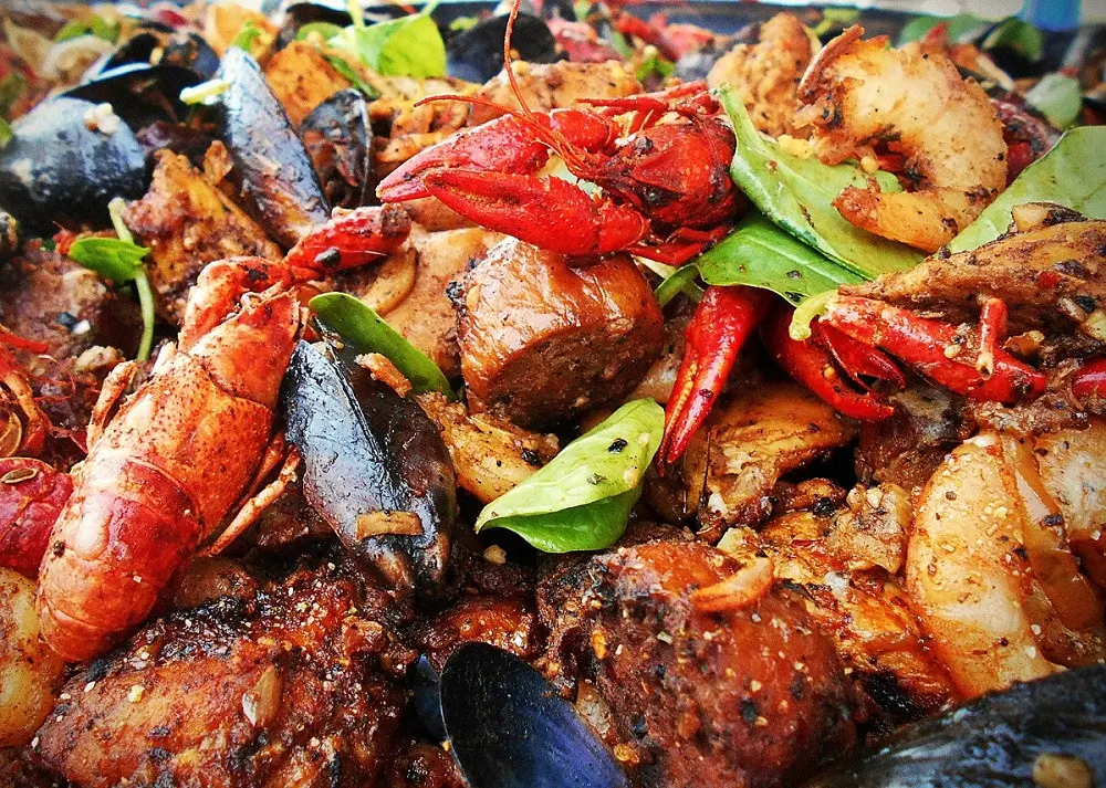 Spicy mixed seafood pot with crawfish and mussels